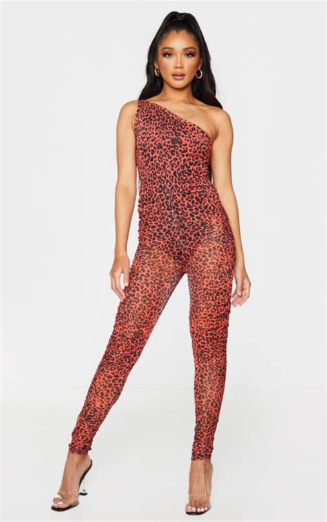 Red Leopard Print One Shoulder Ruched Mesh Jumpsuit Prettylittlething Aus