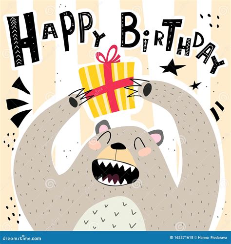 Happy Birthday Hand Drawing Lettering With Cartoon Funny Bear T