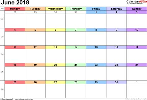 Calendar June 2018 Uk With Excel Word And Pdf Templates