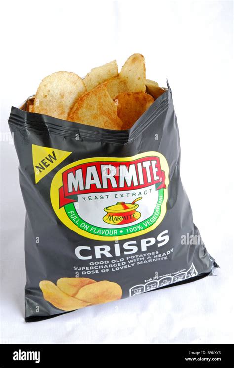 A Packet Of Marmite Crisps Open To Show The Crisps Inside Stock Photo