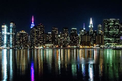 New York City Skyline Nighttime View From Queens By