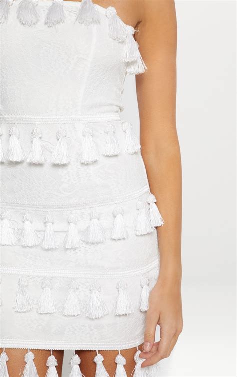 White Lace Tassel Trim Bandeau Bodycon Dress Prettylittlething