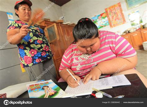 obese chinese girl does homework home rongcheng village xinji town stock editorial photo