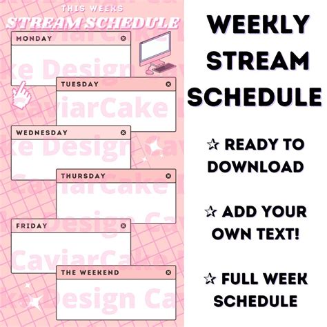Pink And White Stream Schedule Template Twitch Youtube Live Etsy