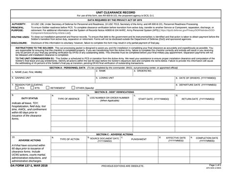 Da Form 137 1 Unit Clearance Record Forms Docs 2023