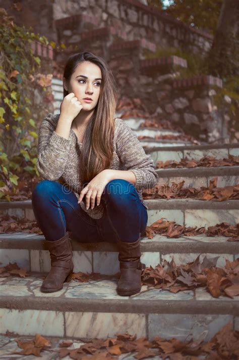Young Beautiful Woman Sitting On Stairs Stock Image Image Of Nature