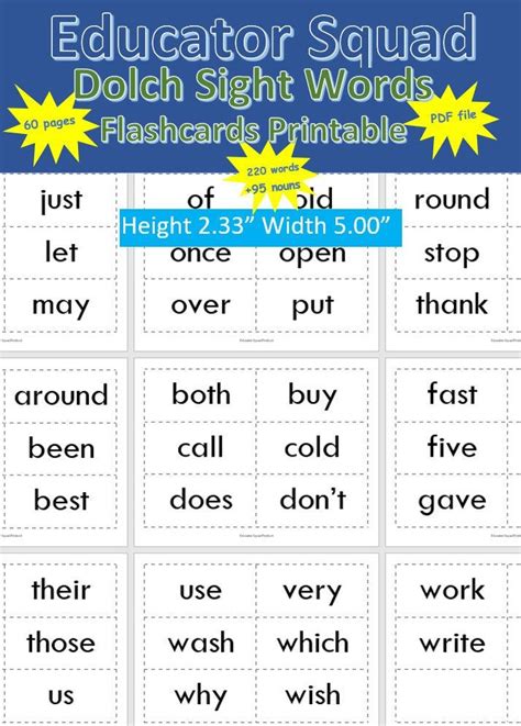 220 Dolch Sight Words 95 Nouns Must Know Flashcards Etsy Dolch