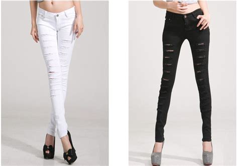 Hot Fashion Cotton Denim Ripped Punk Cut Out Women Skinny Pants Jeans Jeggings Trousers Black