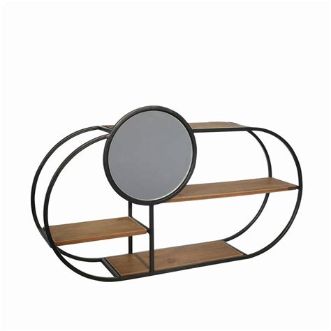 Oblong Wood And Metal 3 Tier Wall Shelf With Round Mirror Brown And