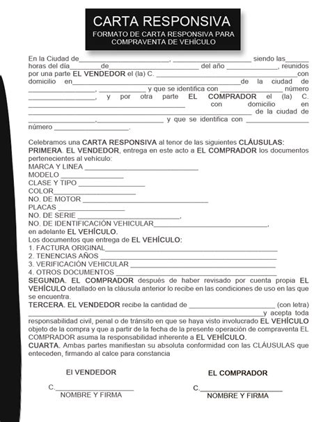Carta Responsiva Compra Venta Vehiculo Autocopiante 10 Block Mercado