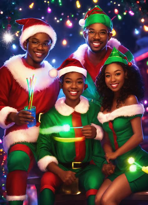 Lexica Black Adult Santa Elves With Glow Sticks Group Realistic