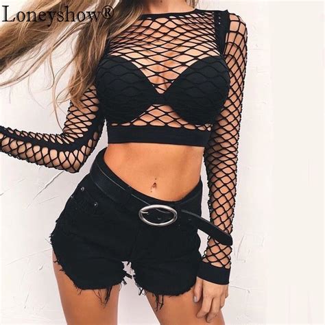 2017 New Sexy Women See Through Perspective Sheer Mesh Fishnet Club Tee