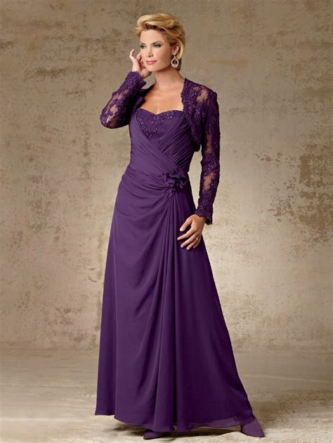 Elegant Long Chiffon Purple Mother Of The Bride Dresses With Lace Bolero Jacket Long Sleeve