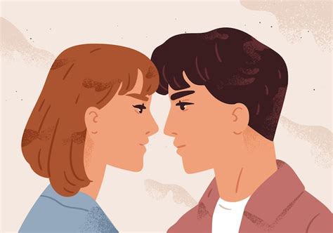 Мужчина и женщина смотрят друг на друга чувствуя любовь векторной плоской иллюстрацией