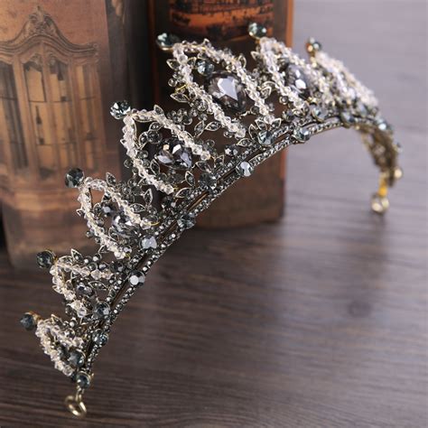 Antique Gold Silver Baroque Crown Black Crystal Wedding Tiara Vintage