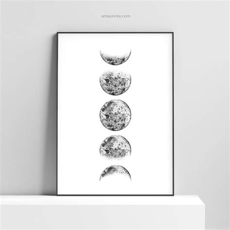 Phases Of The Moon Art Print Black White Wall Art Pencil Drawing