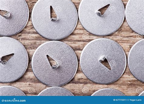 Set Of Metal Drawing Pins Top View Macro Background Stock Image Image