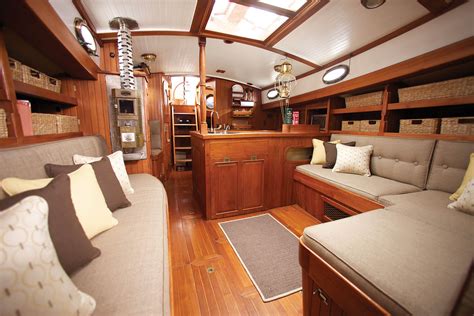 Brown And Yellow Upholstery In Sailboat Cabin In 2022 Boat Interior