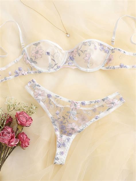 White Romantic Mesh Floral Sexy Sets Embellished Slight Stretch Women Intimates Delicate