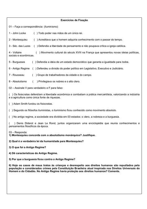 Texto Com Atividades Sobre O Iluminismo 8 Ano