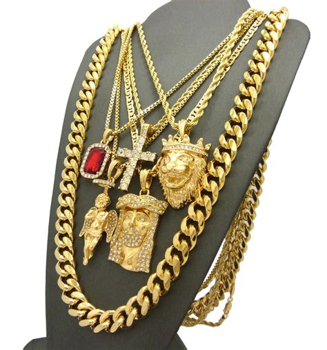 Hip Hop Jewelry 5 Piece Pendant Set W Various Chain Necklaces In Gold