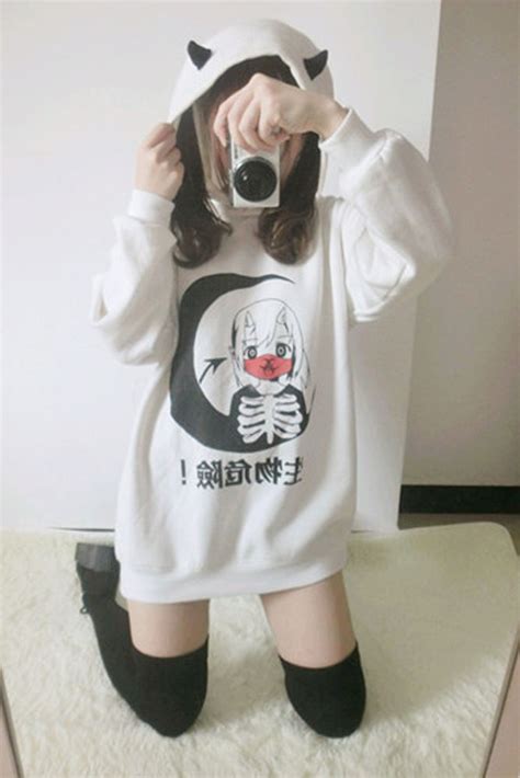 New Little Devil Manga Girl Hoodie Sweatshirt Pullover Kawaii 3d White