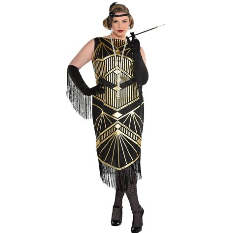 party city roaring 20s flapper girl halloween costume for women black gold plus size includes