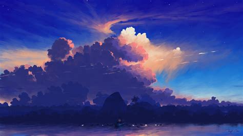 418610 Digital Painting Moon Sailing River Bisbiswas Clouds