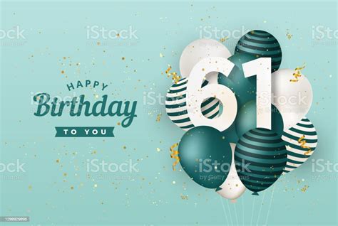 Happy 61th Birthday With Green Balloons Greeting Card Background Stock