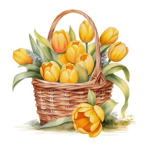 Watercolor Beautiful Yellow Tulips Tulips Flower Basket Ai Generative
