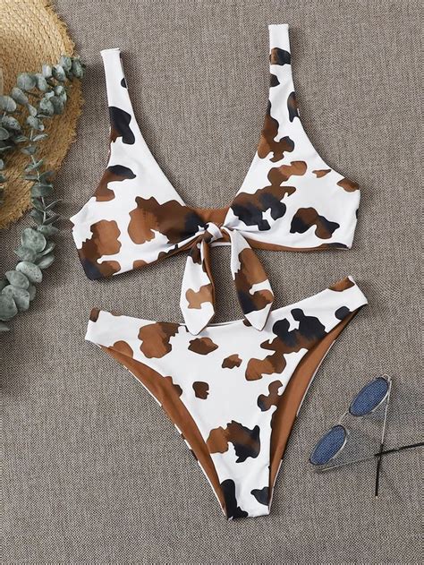 Cow Print Knot Front Bikini Swimsuit Shein Usa Bikini Swimsuits