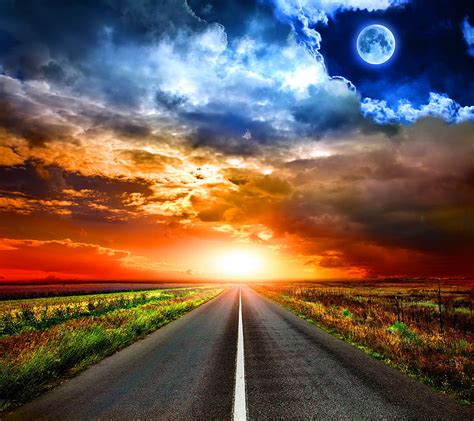 Sunset Road Background Colors Sky Moon Hd Wallpaper Peakpx
