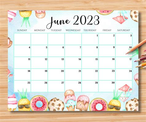 Editable June 2023 Calendar Happy Summer With Sweet Drinks And Etsy
