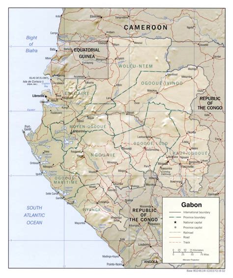 Detailed Relief And Administrative Map Of Gabon With Roads Gabon