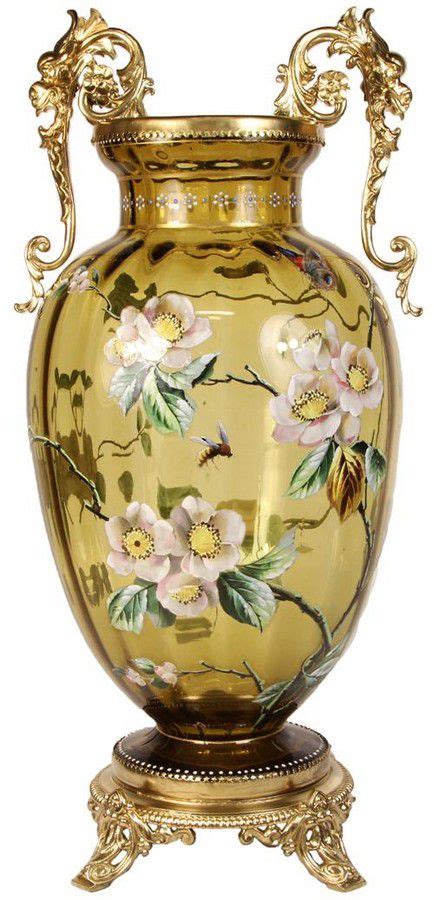 Enamelled Moser Glass Vase With Gilded Mounts 55cm European Glass