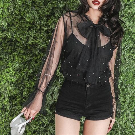 sexy mesh lace pearl beading blouse shirt summer ol women bowknot top shirt see through chemise