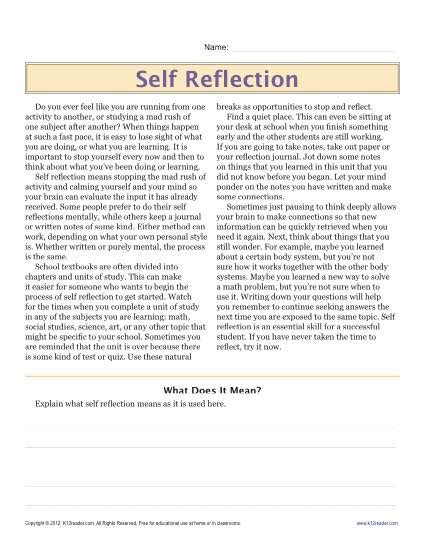 Sixth Grade Reading Comprehension Worksheet Self Reflection