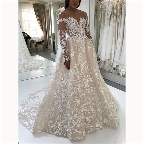 Champagne Ivory Lace Vintage Wedding Gown Long Sleeve Bridal Dresses
