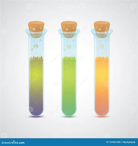 Three Different Colors Realistic Beakers With Bright Liquid And Bubbles