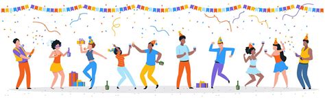 Cartoon Party People Trendy Happy Dancing Group Of Men And Women With