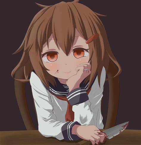 Yandere Girl Knife Blood Shcool Uniform Brown Girl Brown Eyes Hand On