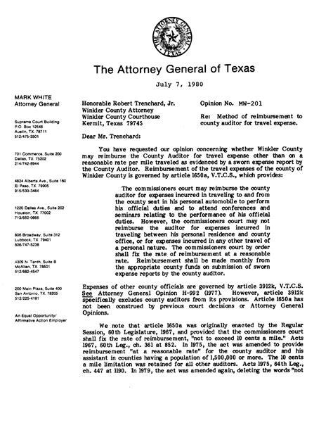 Texas Attorney General Opinion Mw 201 The Portal To Texas History