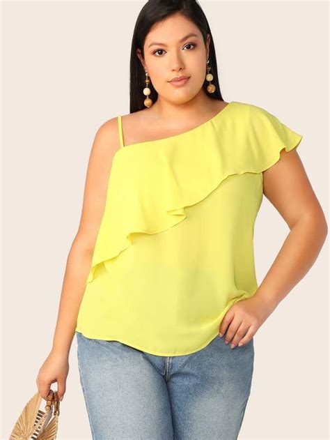 shein plus neon yellow asymmetrical neck ruffle trim top plus size women s tops ruffle trim