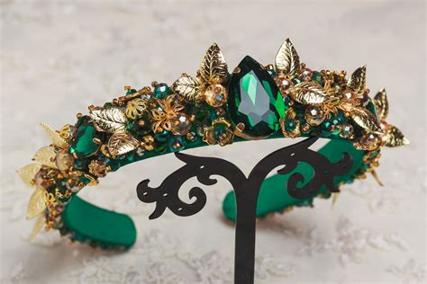 Emerald Tiara Beaded Headband For Women Gold Green Crystal Etsy