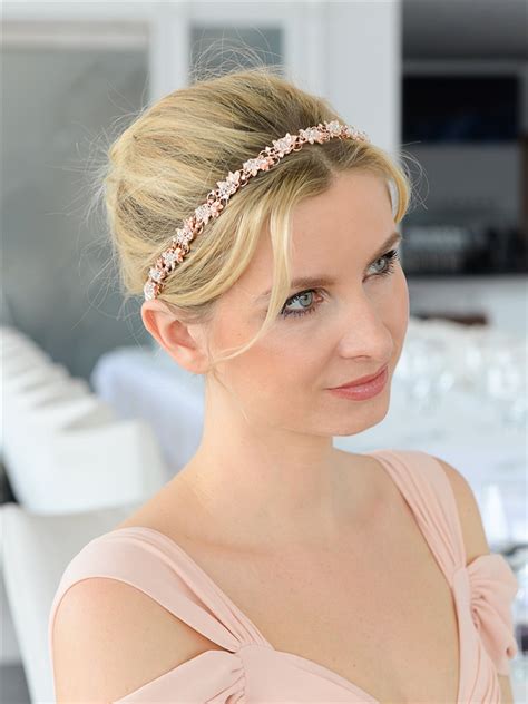 Slender Rose Gold Bridal Headband With Hand Wired Crystal Clusters And White Ribbons