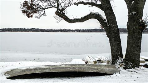 Upside Down Canoe By Lake Winter Snow Tree Stock Photo Image Of