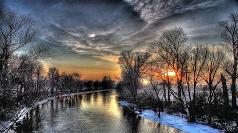 River Trees Snow Winter Dusk Hdr Style Wallpaper
