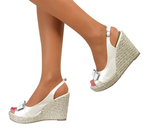 Ladies Platform Bow Wedge High Heels Slingback Strappy Peep Toe Sandals