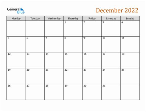 December 2022 Monday Start Calendar Pdf Excel Word