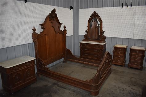 Victorian Antique Walnut Bedroom Set Queen Size Bed Marble Tops My